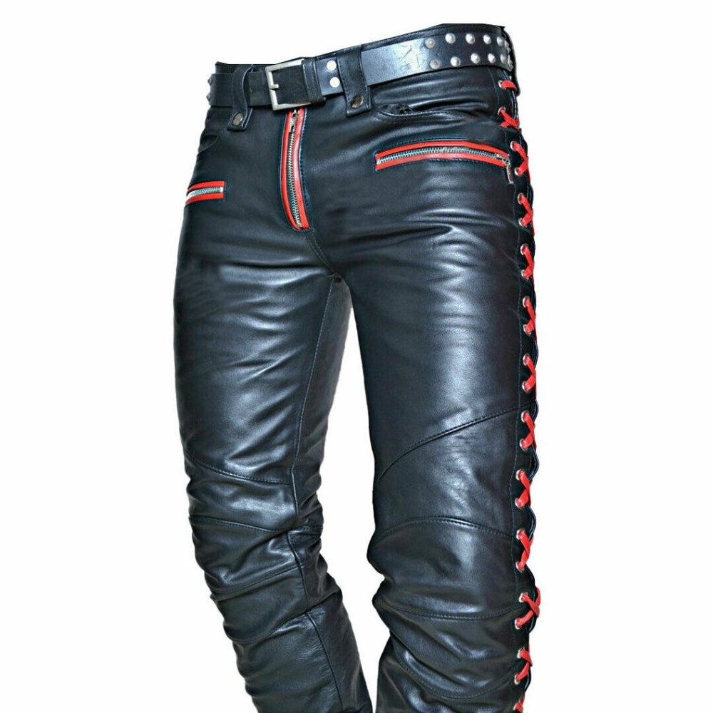 Mens Real Leather pant Red Laces Contrast Motorcycle Size Plus Trousers Casual